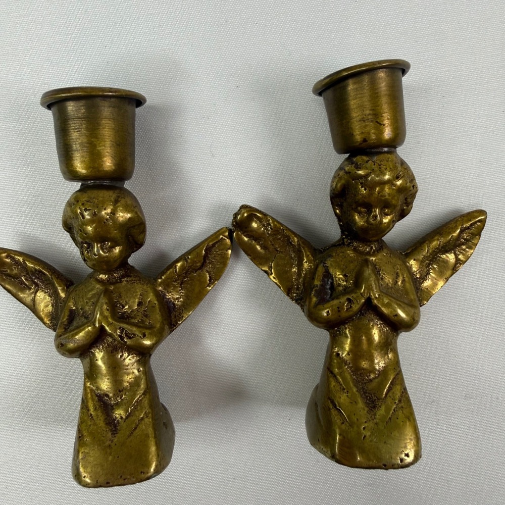 Vintage Solid Brass Praying Angel Cherub Candle Holders Pair 2.5 Inch Gold